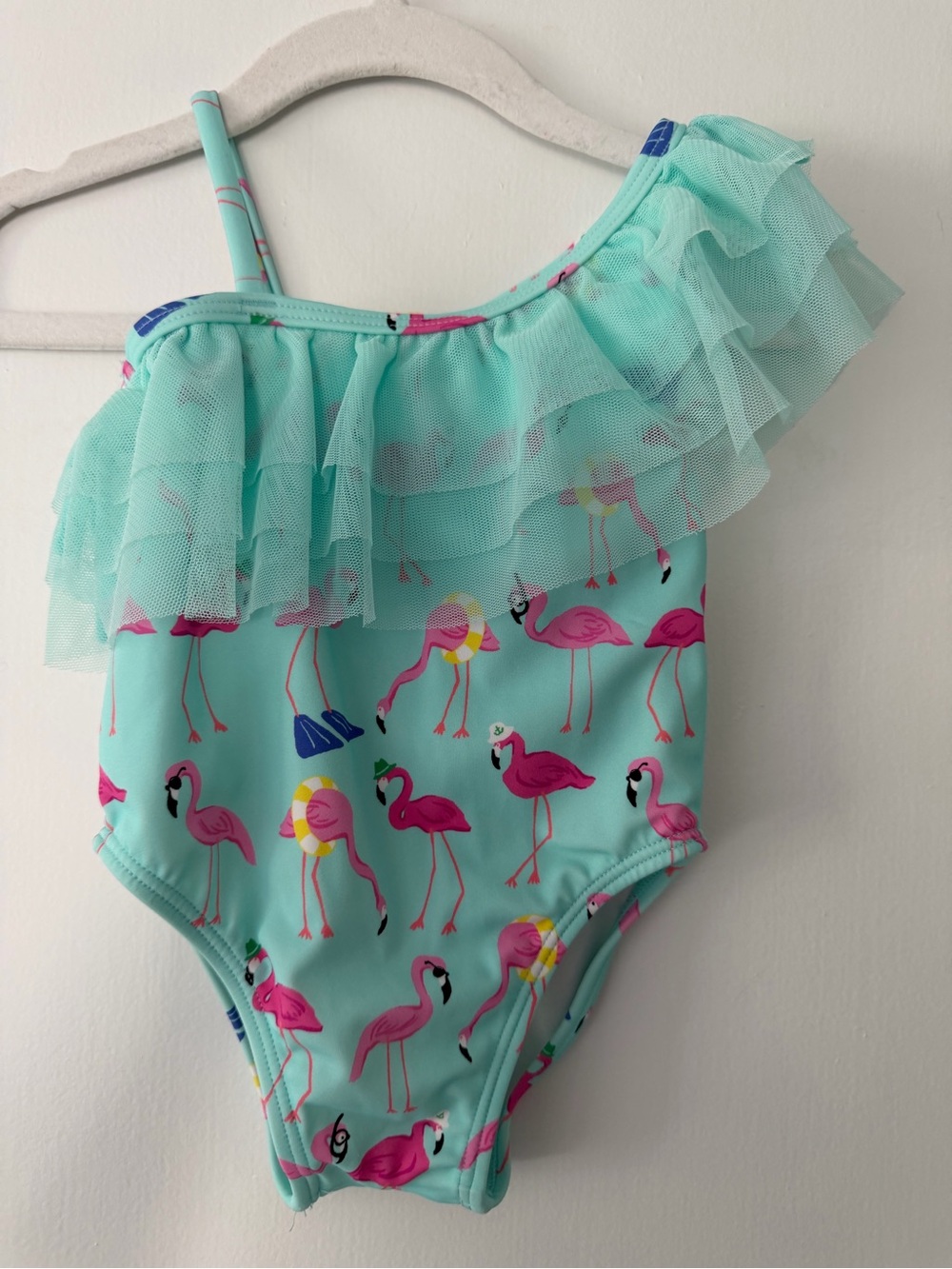 Janie and Jack Mint One-Shoulder Flamingo Ruffle Swimsuit 6-12m baby girl